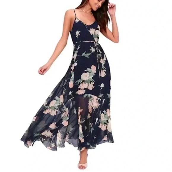 Lulu’s Feeling Freesia Navy Blue Floral Print Maxi Dress - Picture 1 of 7
